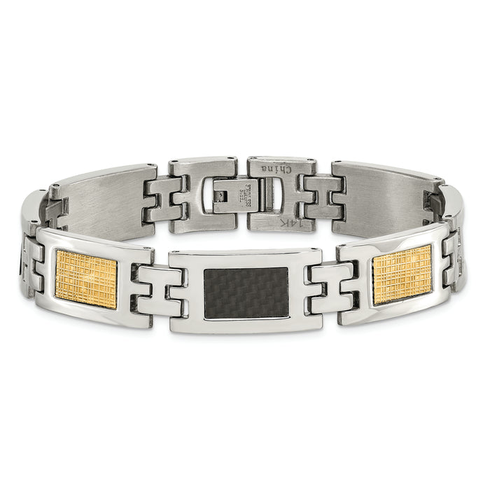 Chisel Brand Jewelry, Stainless Steel Polished 14k Gold Filled & Carbon Fiber Inlay 8in Men's Bracelet