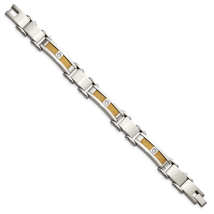 Chisel Brand Jewelry, Stainless Steel Yellow IP-plated Cable with CZs Men's Bracelet