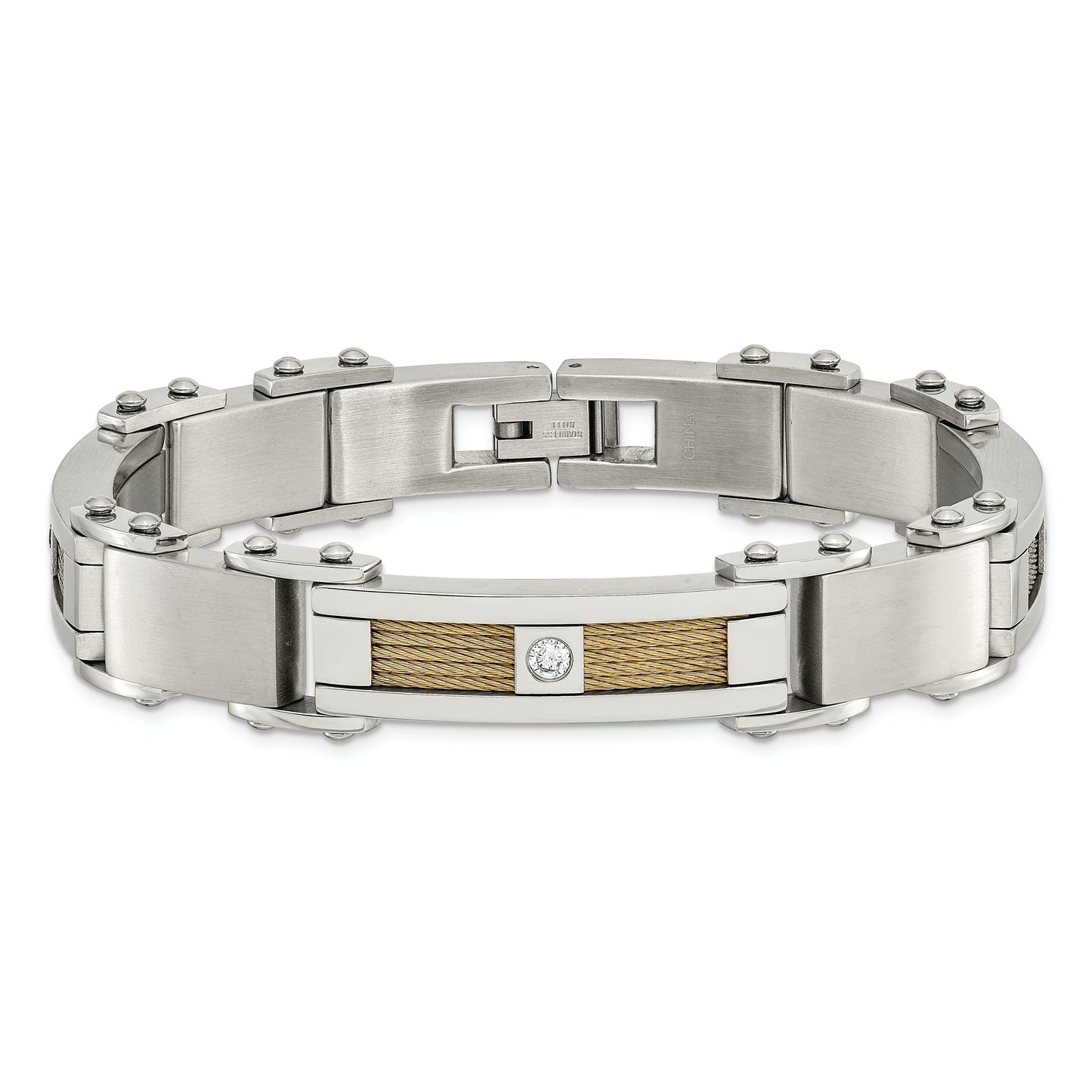 Chisel Brand Jewelry, Stainless Steel Yellow IP-plated Cable with CZs Men's Bracelet