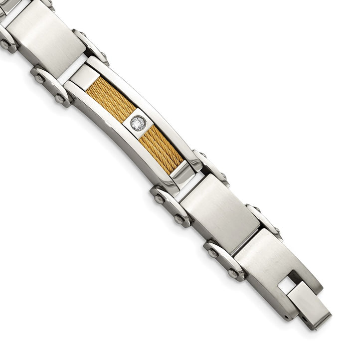 Chisel Brand Jewelry, Stainless Steel Yellow IP-plated Cable with CZs Men's Bracelet
