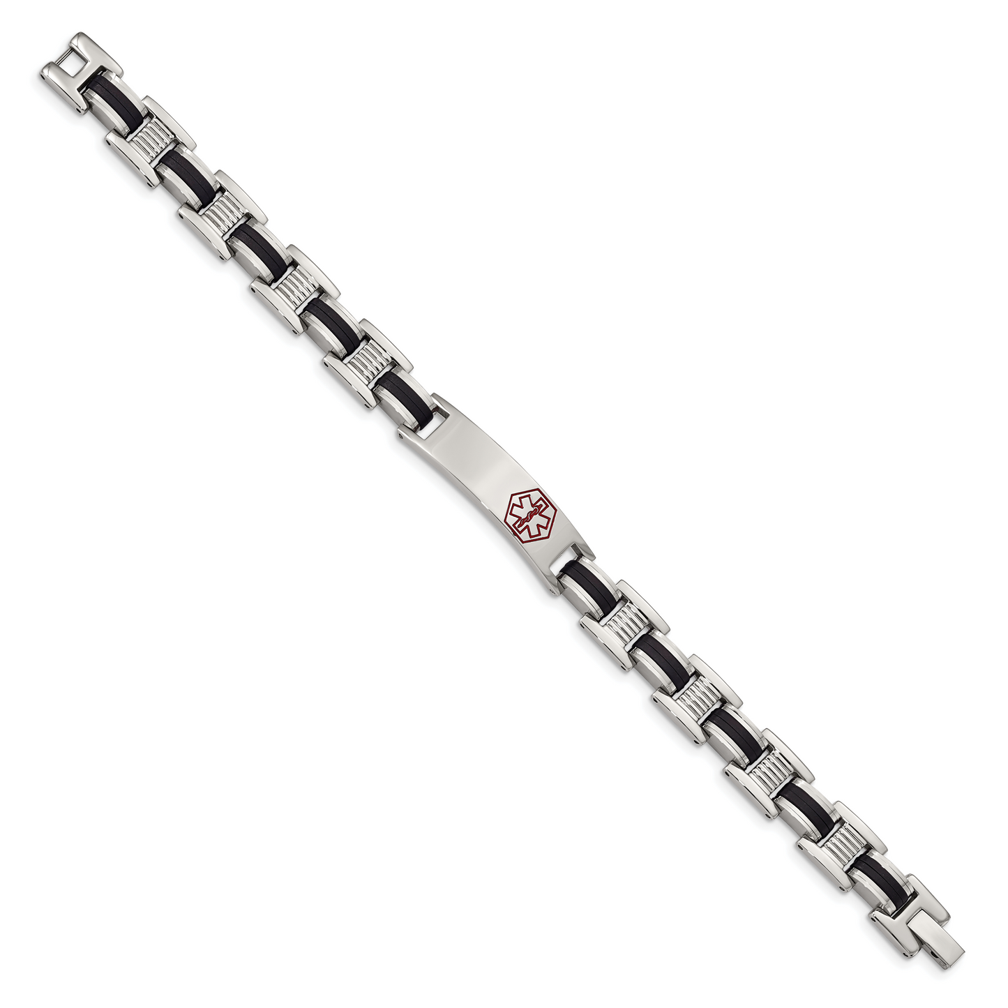 Chisel Brand Jewelry, Stainless Steel Black Rubber Red Enamel 8in Medical Bracelet