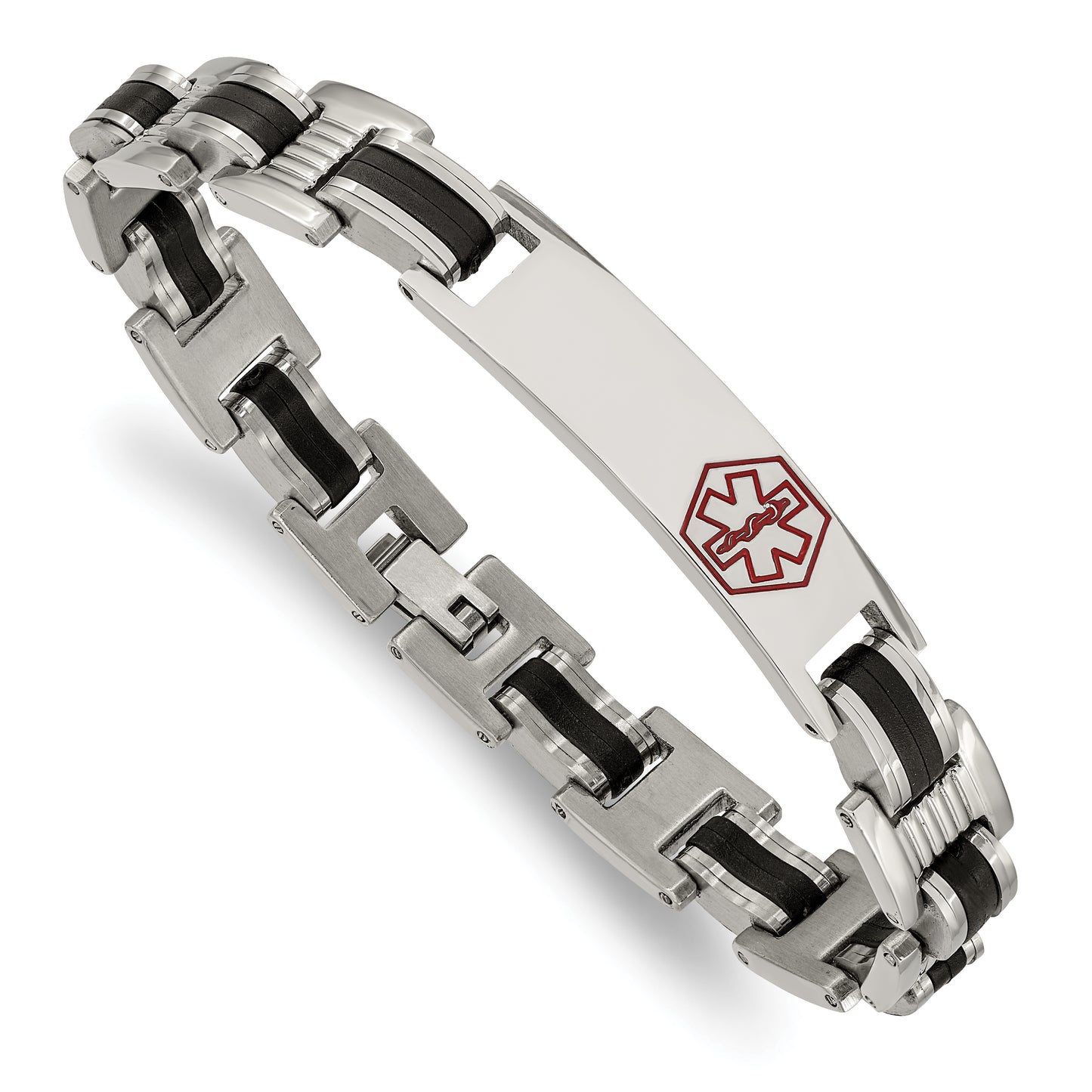 Chisel Brand Jewelry, Stainless Steel Black Rubber Red Enamel 8in Medical Bracelet