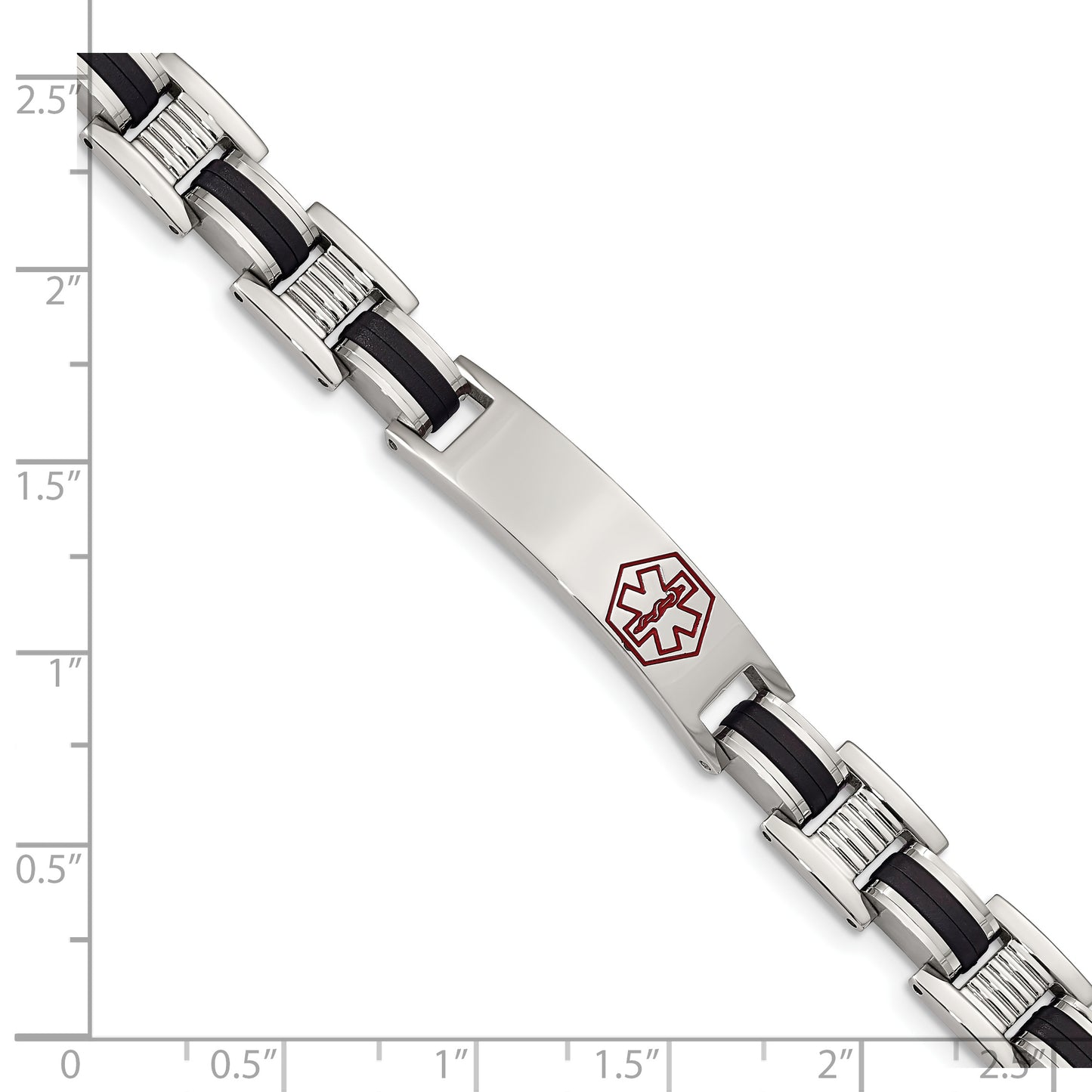 Chisel Brand Jewelry, Stainless Steel Black Rubber Red Enamel 8in Medical Bracelet