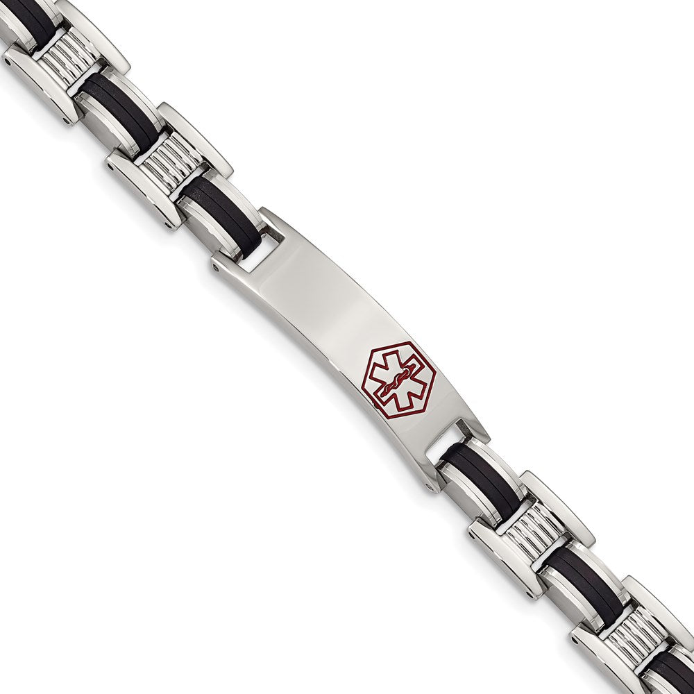 Chisel Brand Jewelry, Stainless Steel Black Rubber Red Enamel 8in Medical Bracelet