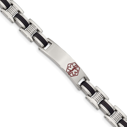 Chisel Brand Jewelry, Stainless Steel Black Rubber Red Enamel 8in Medical Bracelet