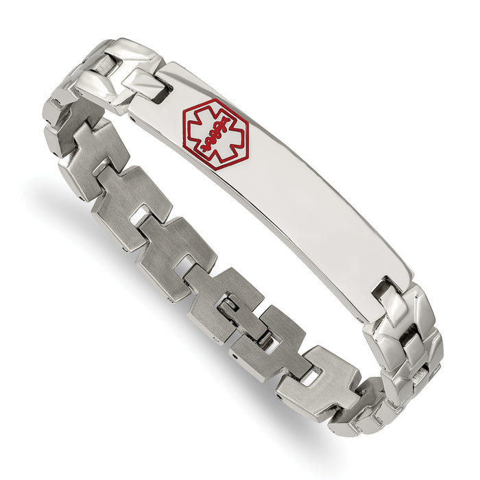 Chisel Brand Jewelry, Stainless Steel Brushed & Polished Red Enamel 8in Medical Bracelet