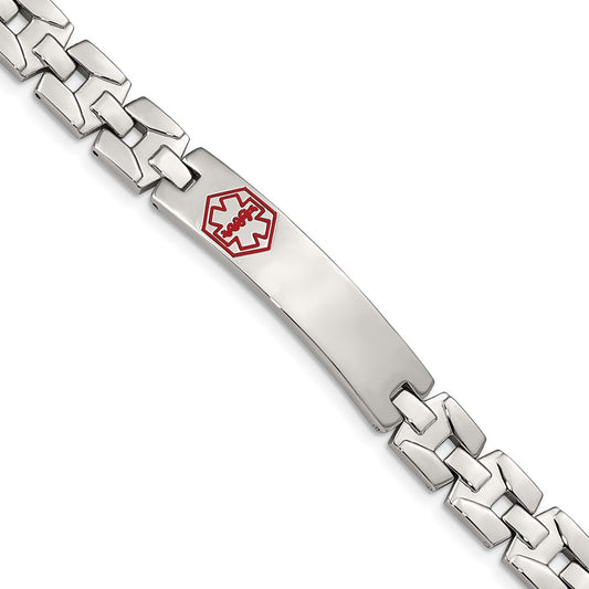 Chisel Brand Jewelry, Stainless Steel Brushed & Polished Red Enamel 8in Medical Bracelet
