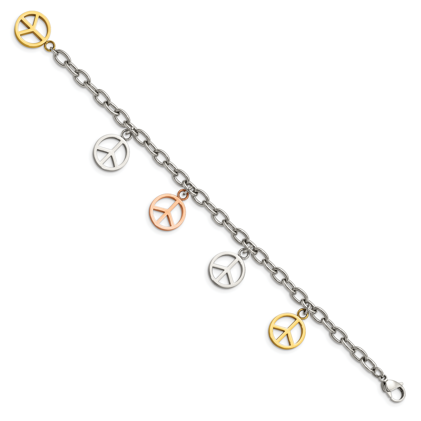 Chisel Brand Jewelry, Stainless Steel Multicolor Plated Peace Sign Charms 8.5in Bracelet