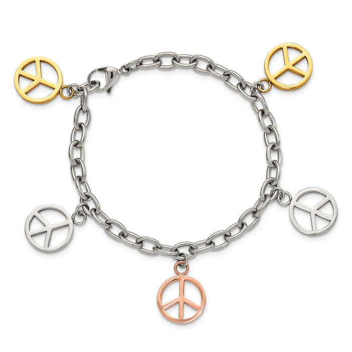 Chisel Brand Jewelry, Stainless Steel Multicolor Plated Peace Sign Charms 8.5in Bracelet