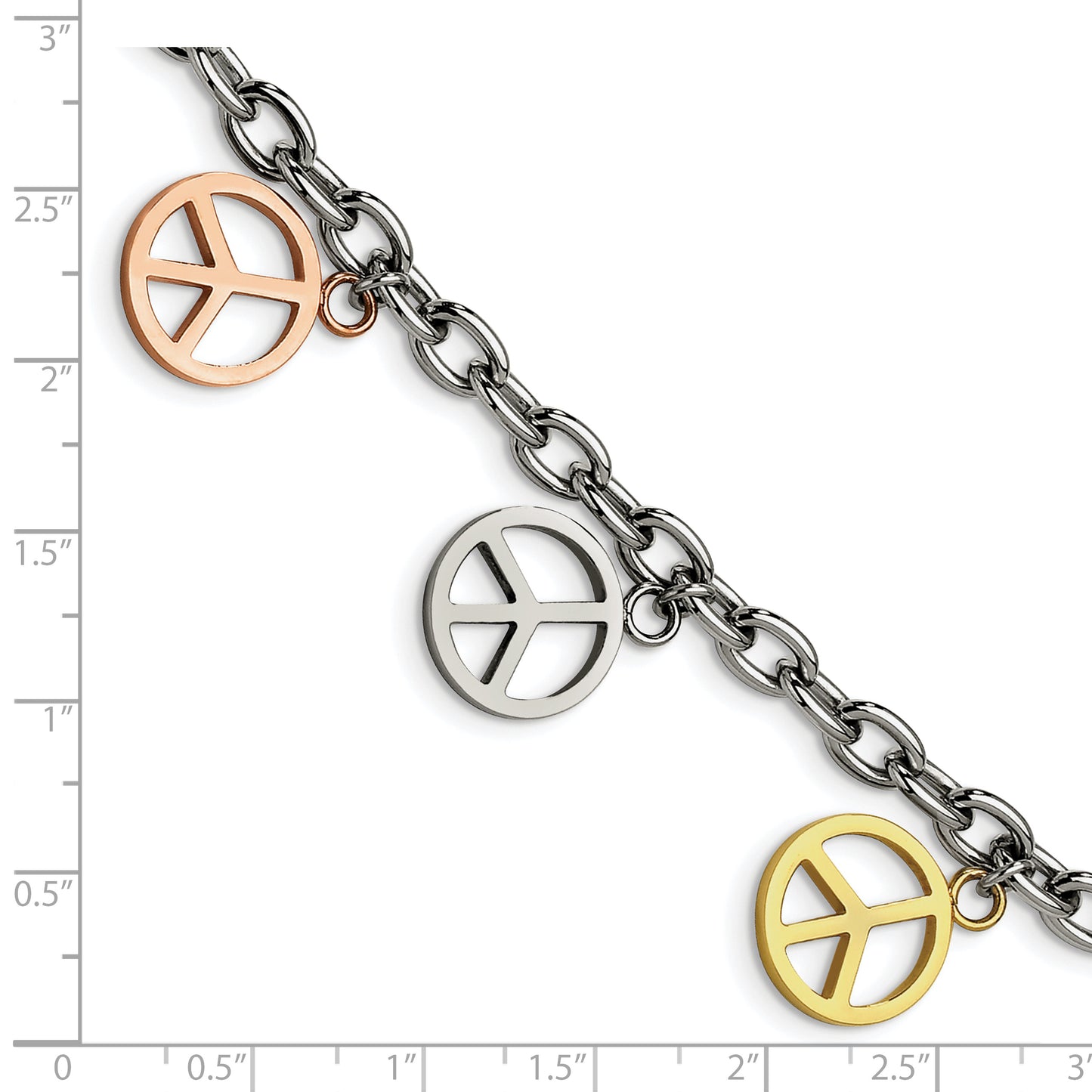 Chisel Brand Jewelry, Stainless Steel Multicolor Plated Peace Sign Charms 8.5in Bracelet