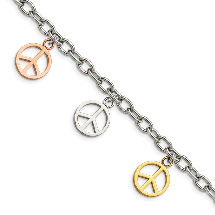 Chisel Brand Jewelry, Stainless Steel Multicolor Plated Peace Sign Charms 8.5in Bracelet