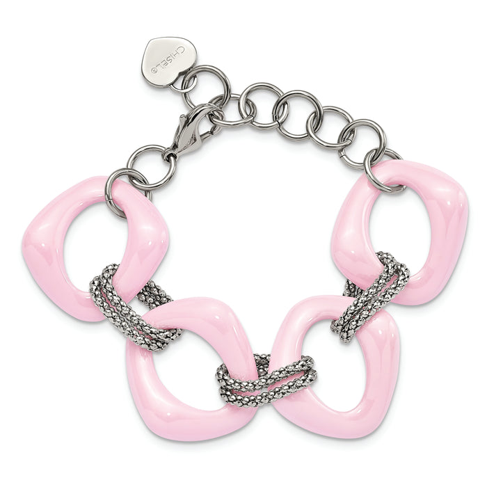 Chisel Brand Jewelry, Stainless Steel Pink Ceramic Link Bracelet