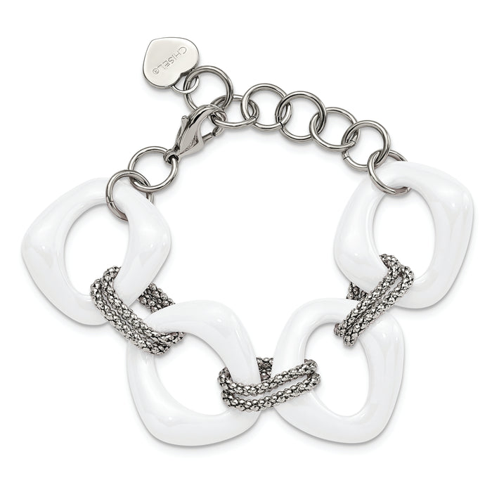 Chisel Brand Jewelry, Stainless Steel White Ceramic Link Bracelet