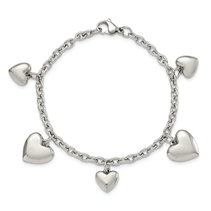 Chisel Brand Jewelry, Stainless Steel Polished Hearts 8in Bracelet