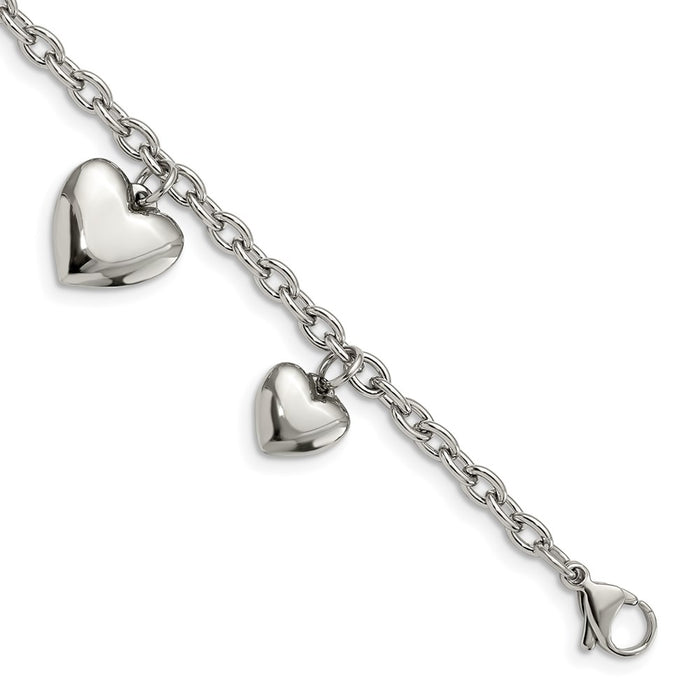 Chisel Brand Jewelry, Stainless Steel Polished Hearts 8in Bracelet