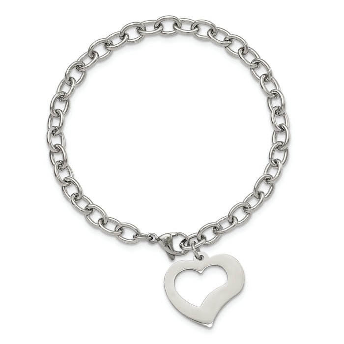 Chisel Brand Jewelry, Stainless Steel Polished Open Link with Open Heart 8.5in Bracelet