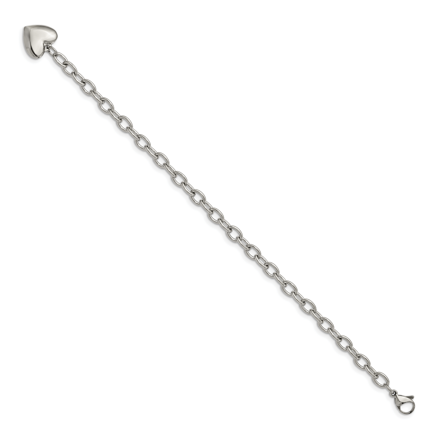 Chisel Brand Jewelry, Stainless Steel Polished Open Link with Heart 8.5in Bracelet