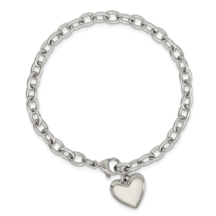 Chisel Brand Jewelry, Stainless Steel Polished Open Link with Heart 8.5in Bracelet