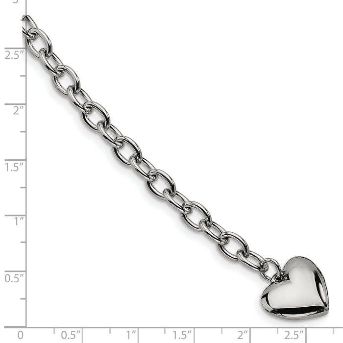 Chisel Brand Jewelry, Stainless Steel Polished Open Link with Heart 8.5in Bracelet