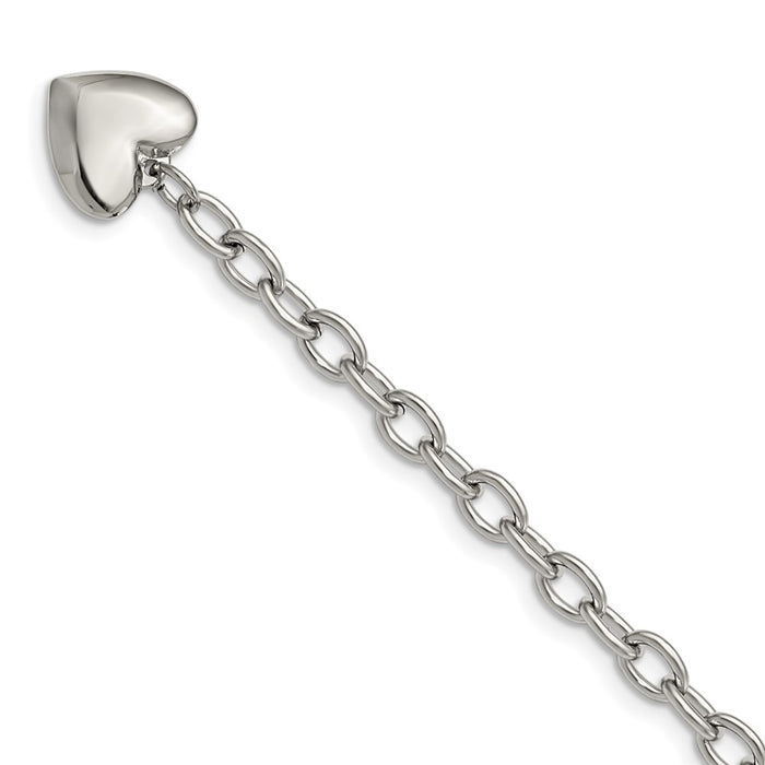 Chisel Brand Jewelry, Stainless Steel Polished Open Link with Heart 8.5in Bracelet