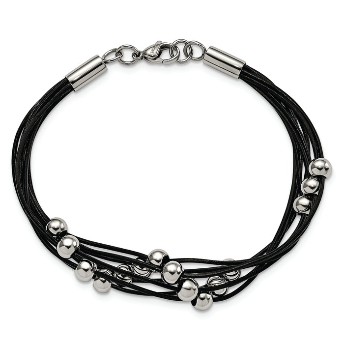 Chisel Brand Jewelry, Stainless Steel Black Leather with Beads 8in Bracelet