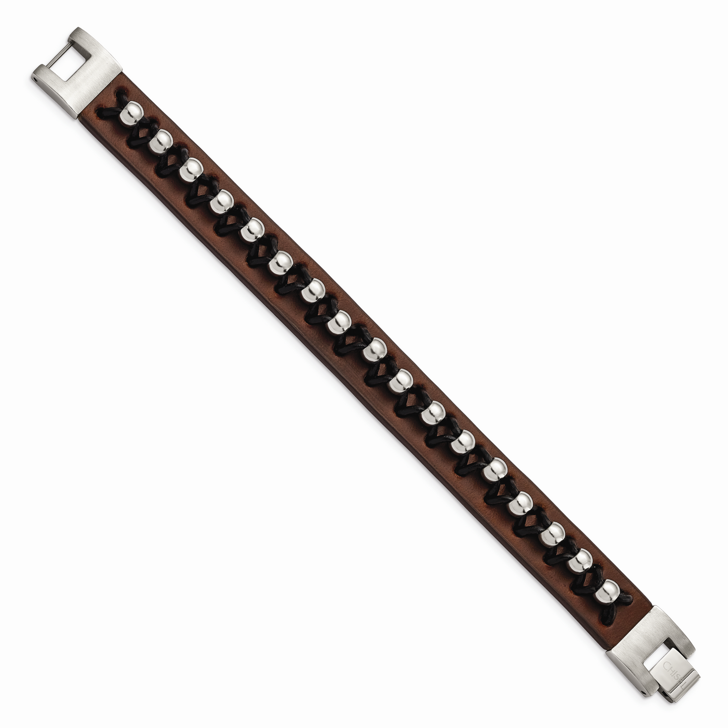 Chisel Brand Jewelry, Stainless Steel Brown Leather with Polished Beads Men's Bracelet