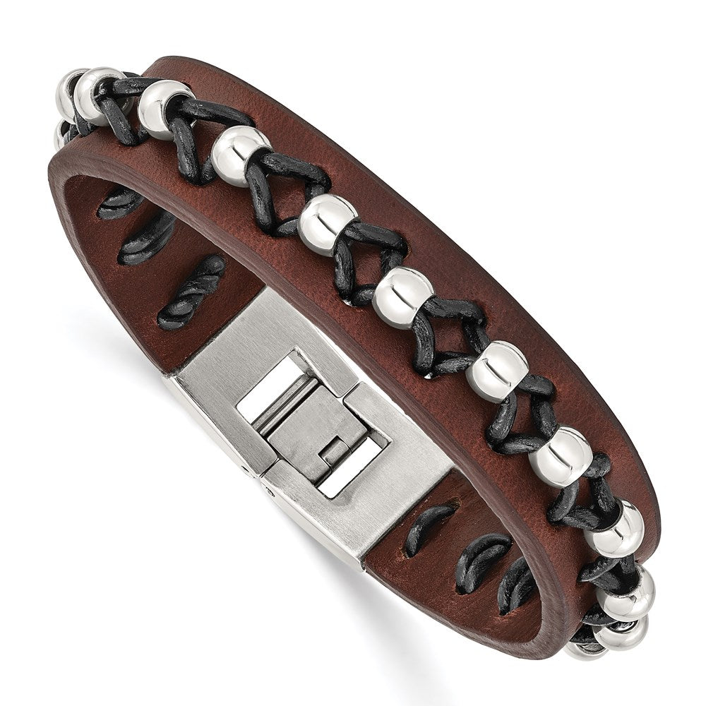 Chisel Brand Jewelry, Stainless Steel Brown Leather with Polished Beads Men's Bracelet