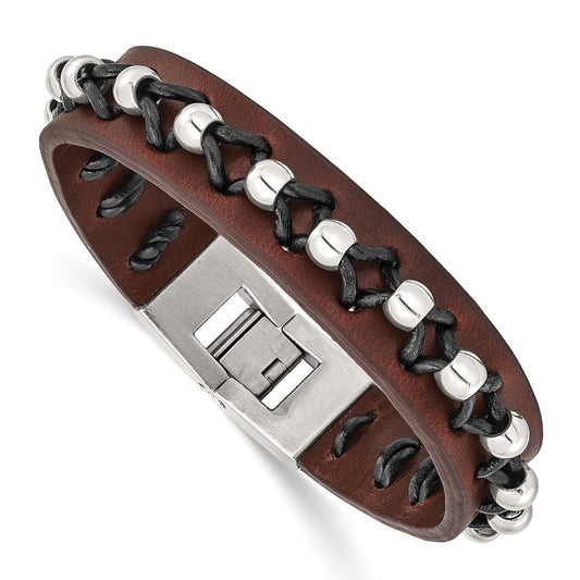 Chisel Brand Jewelry, Stainless Steel Brown Leather with Polished Beads Men's Bracelet