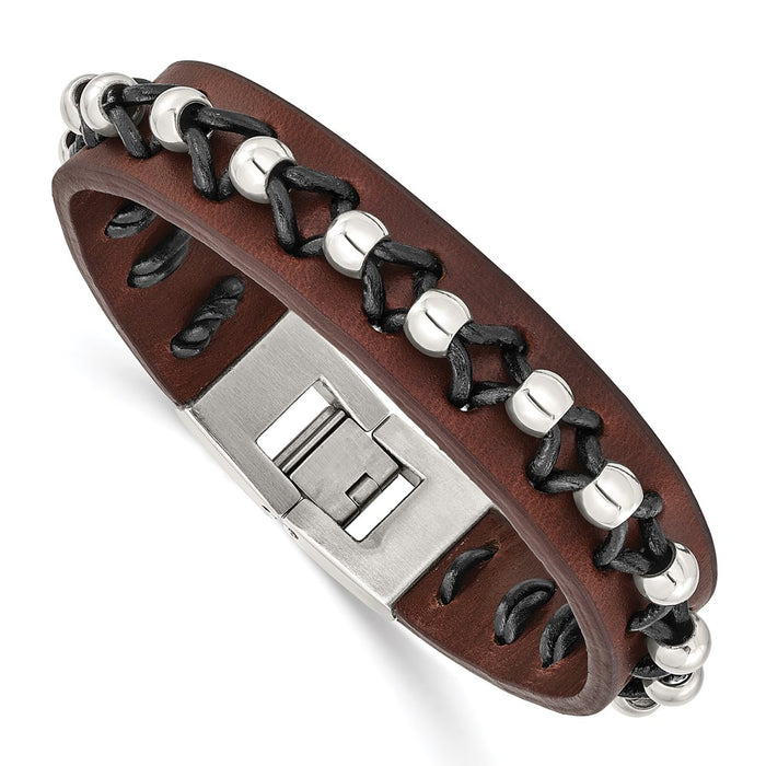 Chisel Brand Jewelry, Stainless Steel Brown Leather with Polished Beads Men's Bracelet
