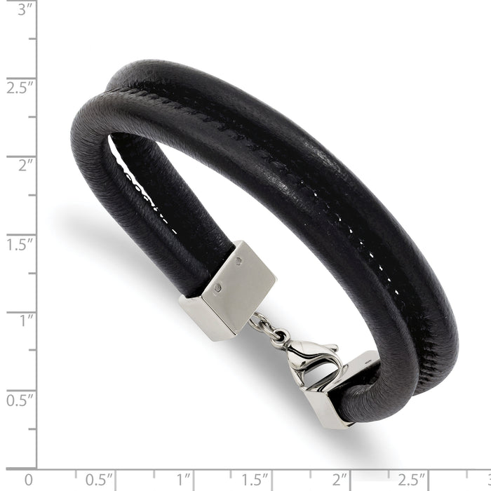 Chisel Brand Jewelry, Stainless Steel Black Leather Double Row 8.5in Men's Bracelet