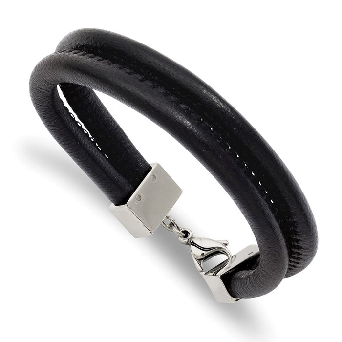 Chisel Brand Jewelry, Stainless Steel Black Leather Double Row 8.5in Men's Bracelet