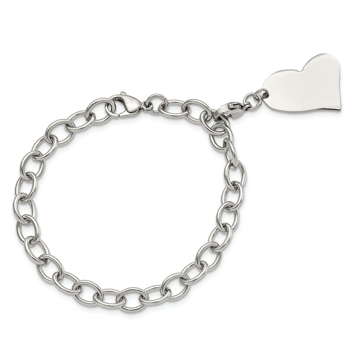Chisel Brand Jewelry, Stainless Steel Heart Charm 8in Bracelet