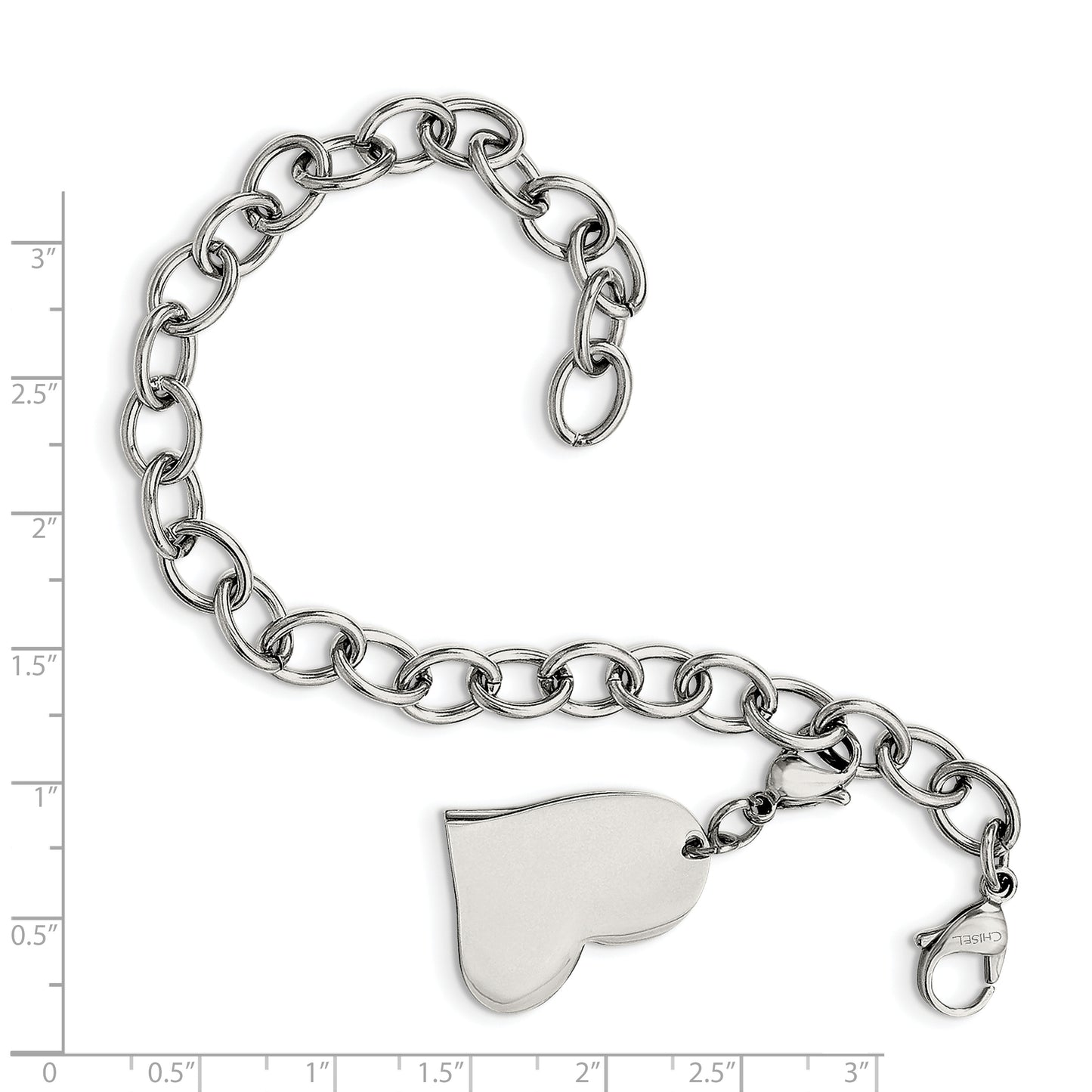 Chisel Brand Jewelry, Stainless Steel Heart Charm 8in Bracelet