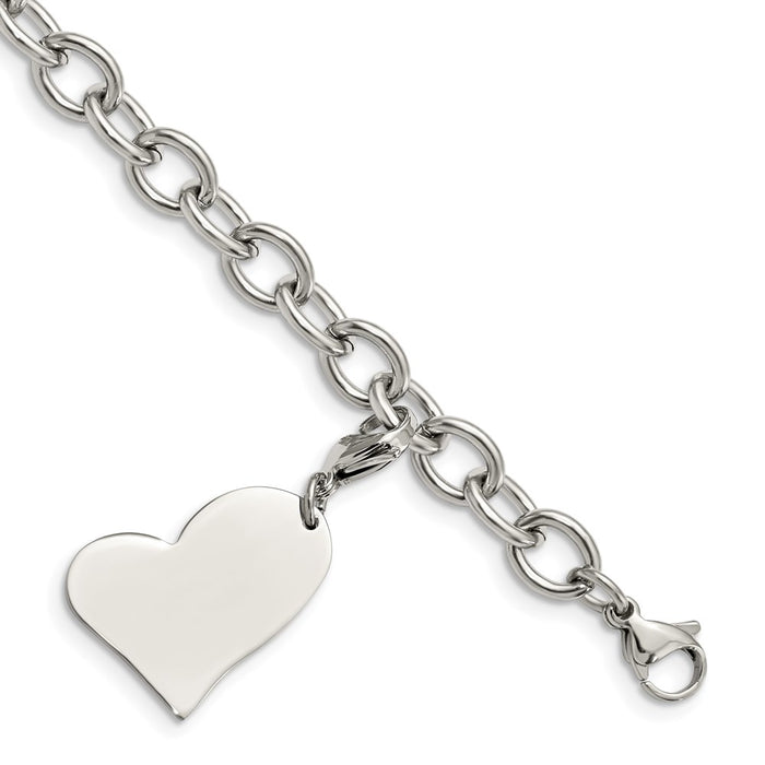 Chisel Brand Jewelry, Stainless Steel Heart Charm 8in Bracelet