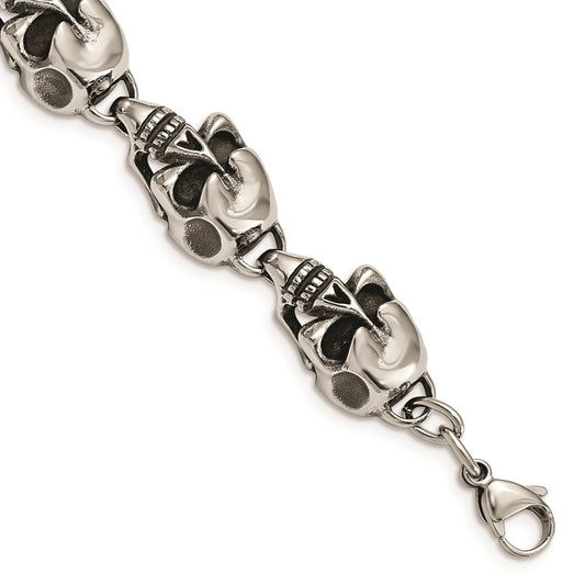 Chisel Brand Jewelry, Stainless Steel Antiqued Skulls 8.5in Men's Bracelet