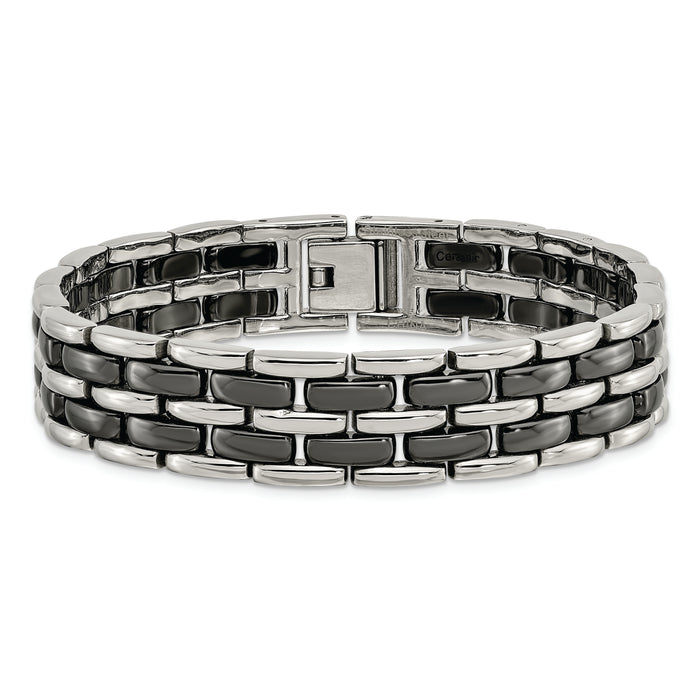 Chisel Brand Jewelry, Stainless Steel Double Row Black Ceramic 8.25in Men's Bracelet