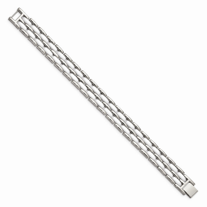 Chisel Brand Jewelry, Stainless Steel Double Row White Ceramic 8.25in Men's Bracelet
