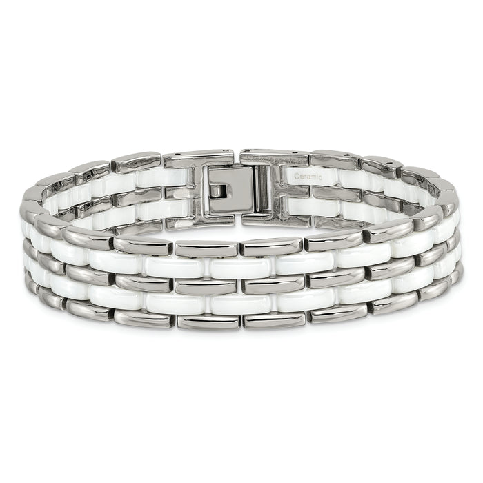 Chisel Brand Jewelry, Stainless Steel Double Row White Ceramic 8.25in Men's Bracelet