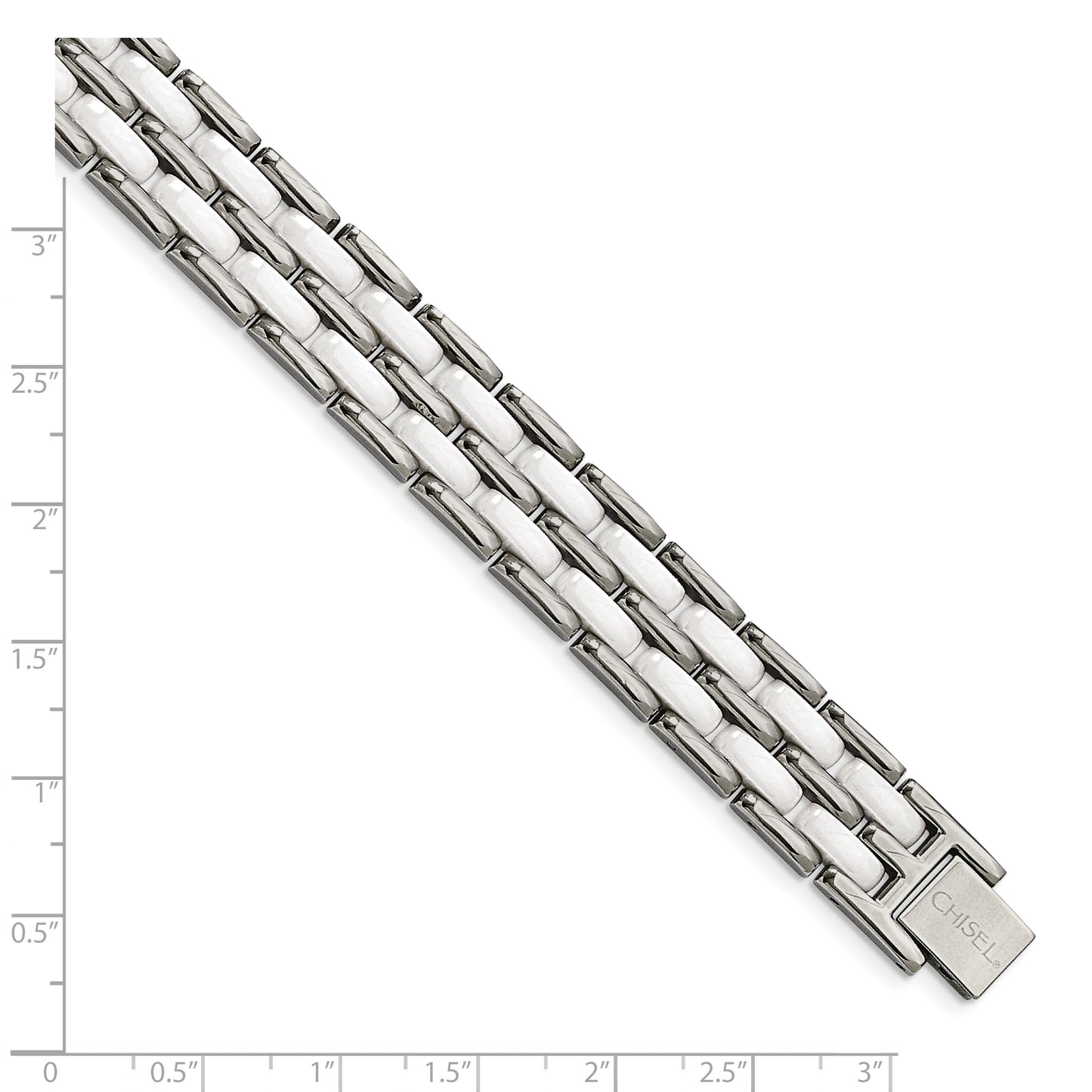 Chisel Brand Jewelry, Stainless Steel Double Row White Ceramic 8.25in Men's Bracelet