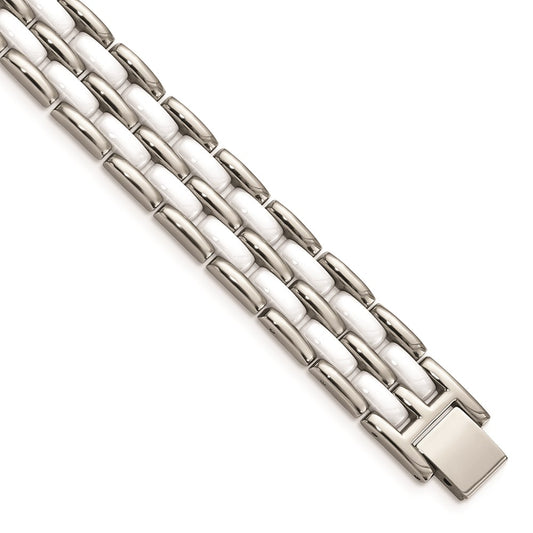 Chisel Brand Jewelry, Stainless Steel Double Row White Ceramic 8.25in Men's Bracelet