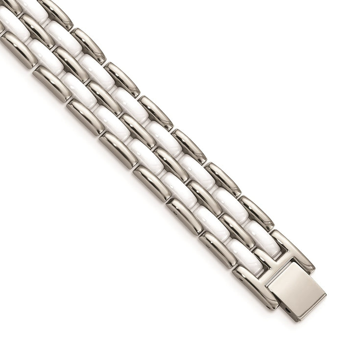 Chisel Brand Jewelry, Stainless Steel Double Row White Ceramic 8.25in Men's Bracelet
