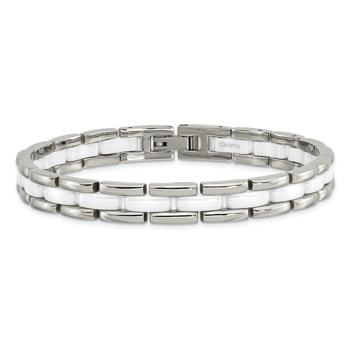 Chisel Brand Jewelry, Stainless Steel White Ceramic 8in Bracelet