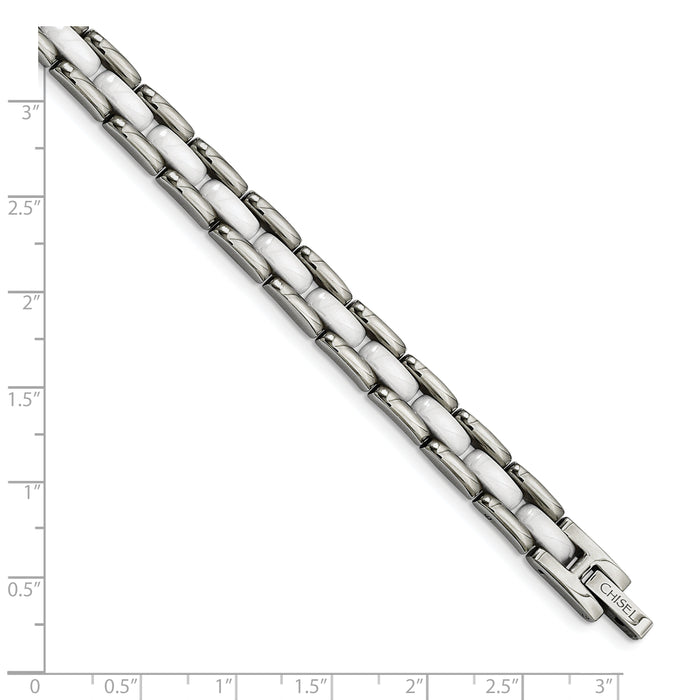 Chisel Brand Jewelry, Stainless Steel White Ceramic 8in Bracelet