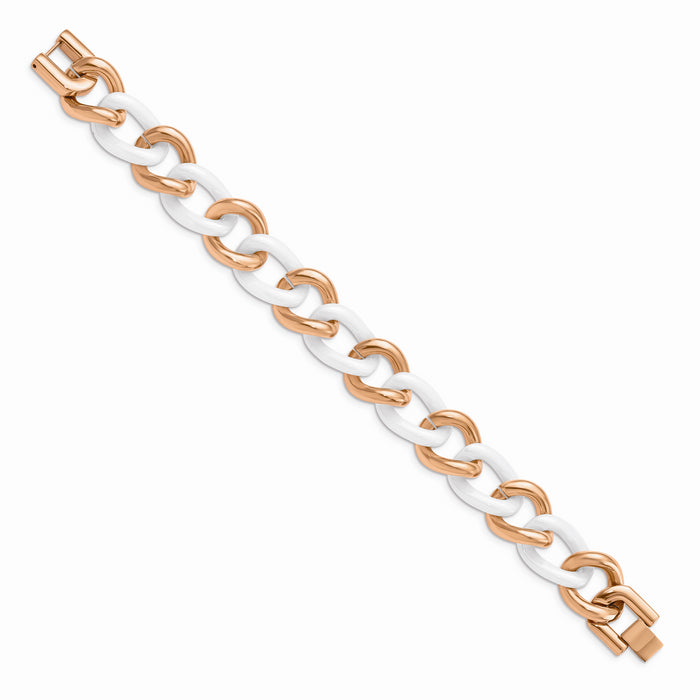 Chisel Brand Jewelry, Stainless Steel Pink IP-plated & White Ceramic 8.25in with ext Bracelet