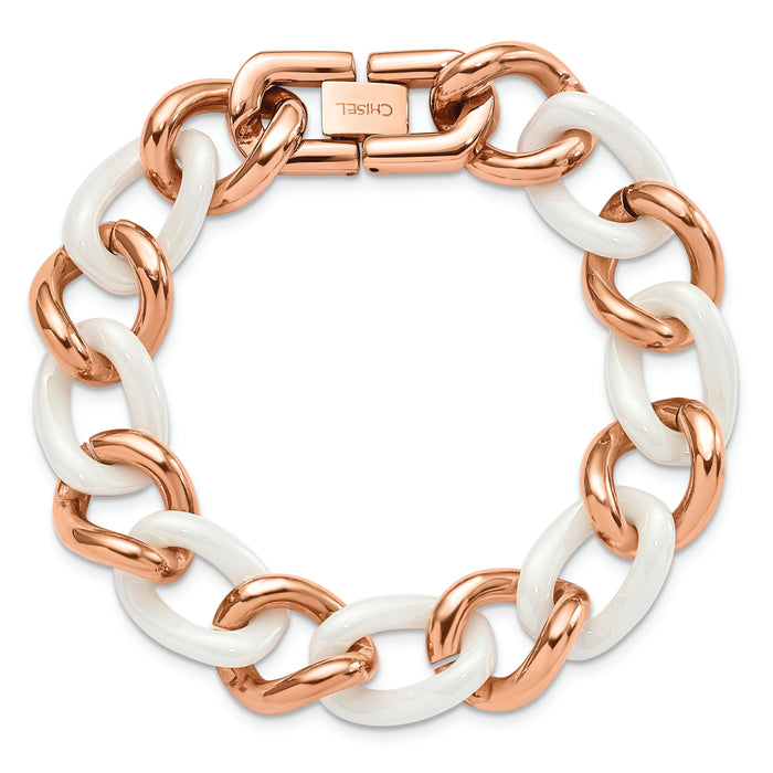 Chisel Brand Jewelry, Stainless Steel Pink IP-plated & White Ceramic 8.25in with ext Bracelet