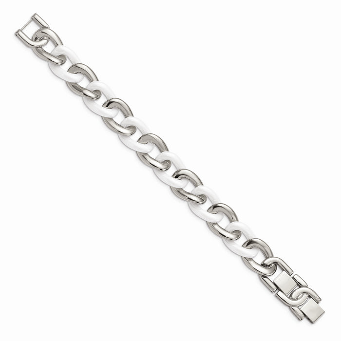 Chisel Brand Jewelry, Stainless Steel White Ceramic 7.5in with 1in. ext Bracelet