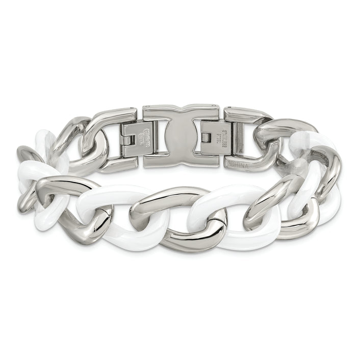 Chisel Brand Jewelry, Stainless Steel White Ceramic 7.5in with 1in. ext Bracelet