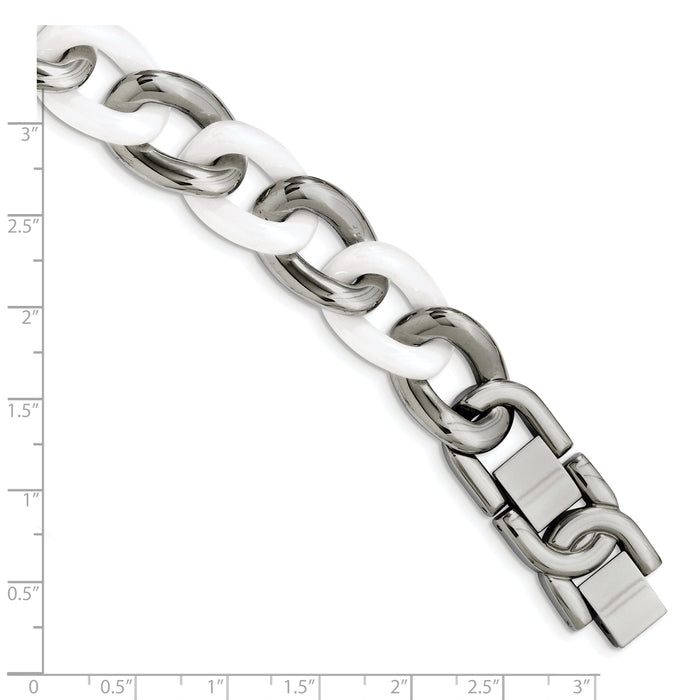 Chisel Brand Jewelry, Stainless Steel White Ceramic 7.5in with 1in. ext Bracelet