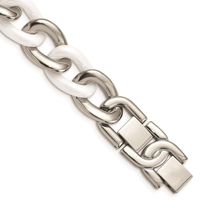 Chisel Brand Jewelry, Stainless Steel White Ceramic 7.5in with 1in. ext Bracelet