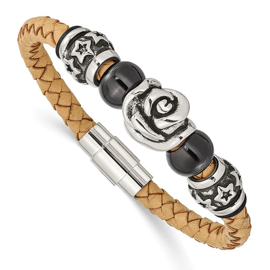 Chisel Brand Jewelry, Stainless Steel Light Tan Leather with Beads 7.5in Bracelet